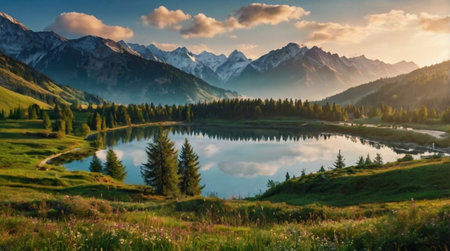 Large lake with multiple peaks reflected across surface.の写真素材