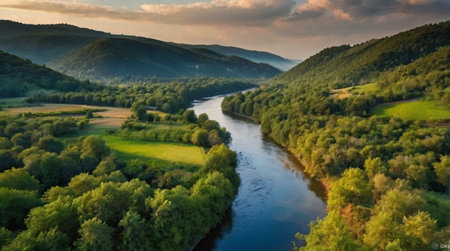 Warm summer lake backed by layered blue clouds.の写真素材