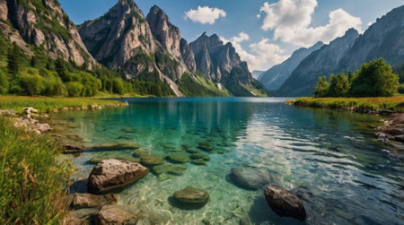 Calm lake with sharp snow peaks above.の写真素材