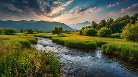 River curves through open field toward bright horizon.の写真素材
