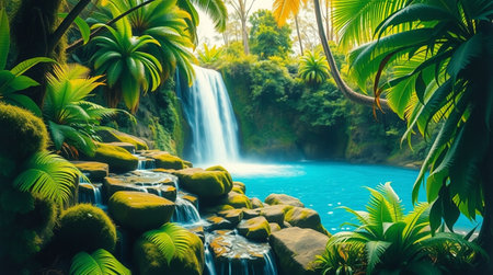 A hidden jungle waterfall with thick canopy and mossy cliffs.の写真素材