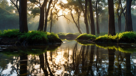 Dreamlike glowing swamp surrounded by trees.の写真素材