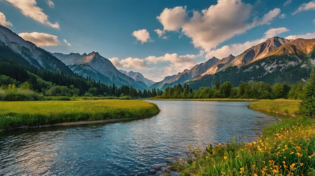 Afternoon light across open alpine meadow.の写真素材