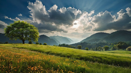 Sun flare above grassy lakeside cliff.の写真素材