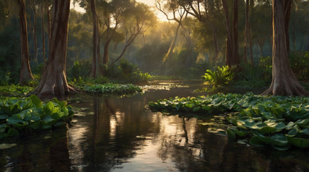 Serene pool covered in soft reflective light.の写真素材