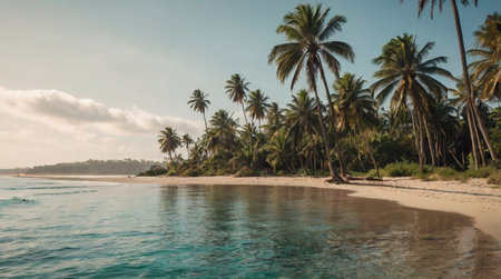 Palm trunks in front of pure turquoise horizon.の写真素材