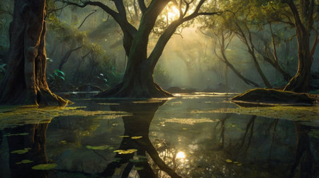 Peaceful riverside with mossy stones and arching branches.の写真素材