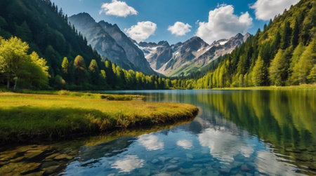 Golden hour light over woodland valley river.の写真素材