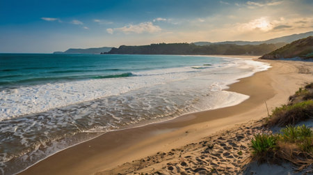 Palm-lined beach meeting clear turquoise sea.の写真素材