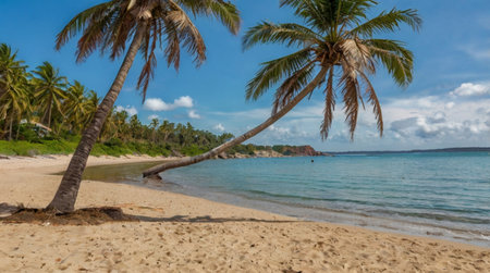 Lone hammock between two tall palms.の写真素材
