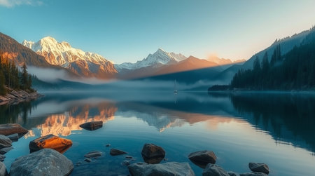 A peaceful wilderness scene where a quiet lake perfectly mirrors sparkling snow peaks beneath a warming sunrise.の写真素材