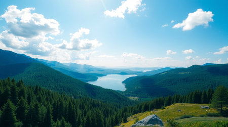 A serene forest lake glows at sunset with a tall waterfall in the background.の写真素材