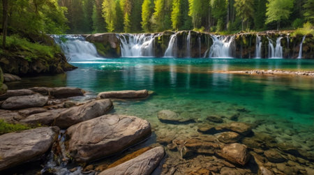 A bright river-like waterfall stretches into a sparkling lake in deep woodland.の写真素材