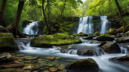 A forest lake rests quietly beneath a narrow waterfall illuminated by soft ambient light.の写真素材
