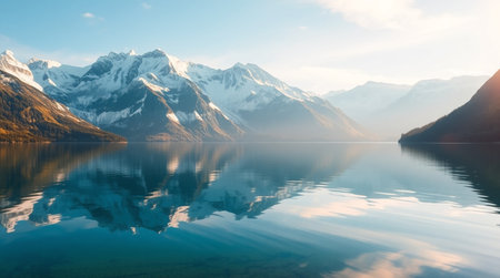 Morning calm blankets a mountain lake reflecting rugged frozen ridges with cinematic serenity.の写真素材