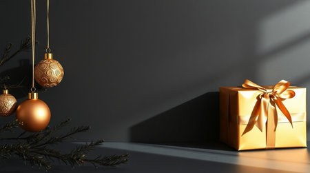 A meticulously crafted arrangement of radiant golden baubles and a smooth gold gift box under premium cinematic lighting.の写真素材