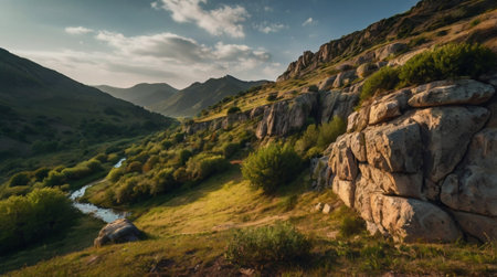 A tranquil 4K clearing features a slow waterfall surrounded by deep mossy woods.の写真素材
