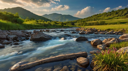 A forest river cascades into a bright blue lake in a stunning 4K display.の写真素材
