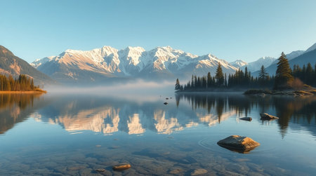 Snowy slopes tower above a serene lake that reflects their details with near-perfect accuracy.の写真素材