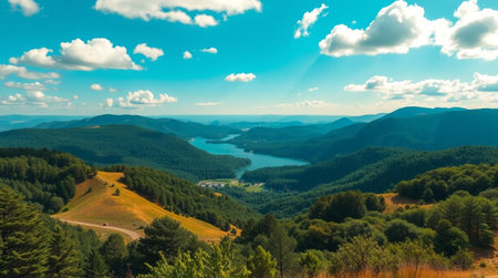A peaceful woodland lake framed by waterfalls and tall forest trees.の写真素材