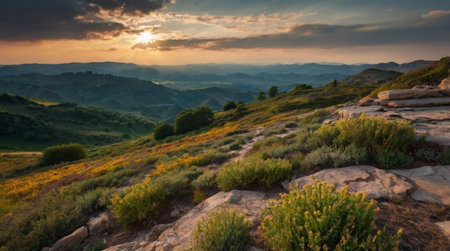 A tranquil scene where a waterfall trickles into a serene lake surrounded by mossy forest floors.の写真素材