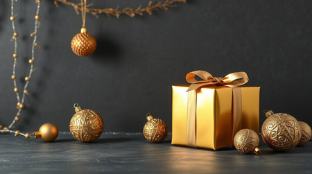 Meticulously lit golden baubles surround a reflective gold gift box adorned with an elegant ribbon.の写真素材