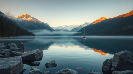 Calm alpine waters reflect towering cliffs, all bathed in serene pastel morning tones with hyper-real textures.の写真素材