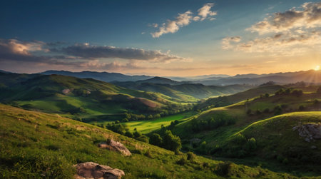 A delicate waterfall trickles into a bright forest lake full of vivid reflections.の写真素材