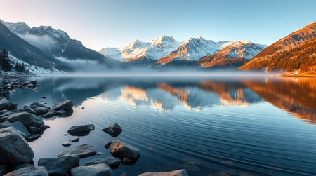 A tranquil lake reflects rugged snowy summits glowing faintly under soft sunrise hues.の写真素材