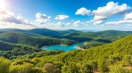 A scenic green valley lake forms below a striking forest waterfall.の写真素材