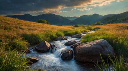 A reflective mountain lake meets a cascading forest waterfall, all captured in vivid 4K sharpness.の写真素材
