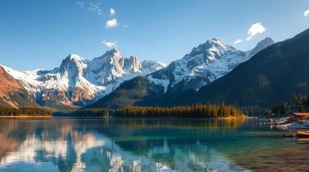 A calm alpine lake mirrors snowy summits illuminated delicately by rising sunlight.の写真素材