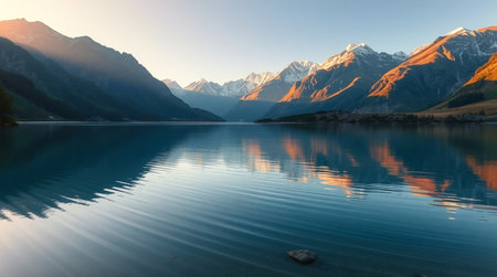Frosted slopes shine under early light as their reflections stretch elegantly across a calm lake.の写真素材