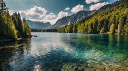 A deep forest canyon hides a glowing waterfall that empties into a serene mirror-like lake.の写真素材