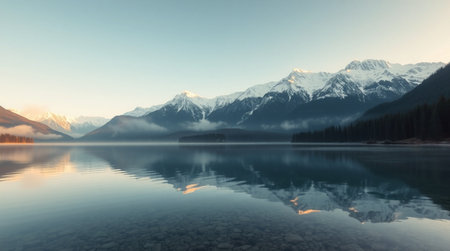 Snowy peaks cast perfect reflections on a glass-smooth lake, illuminated by delicate morning light with lifelike detail.の写真素材