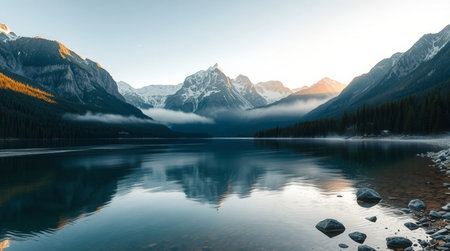Soft morning illumination reveals the harmony between rugged snow peaks and still reflective water.の写真素材