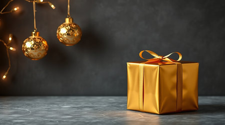 Warm-toned golden ornaments contrast elegantly with the deep charcoal-grey backdrop.の写真素材