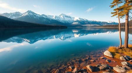 Snowy mountains bathed in gentle morning warmth appear suspended atop a calm reflective lake.の写真素材