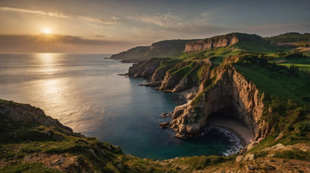 A stunning forest lagoon with a waterfall feeding pure turquoise water captured in vibrant 4K.の写真素材