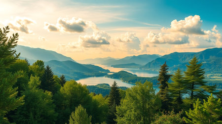 A forest lake sparkles under sunlight as waterfalls trickle down rocky slopes.の写真素材