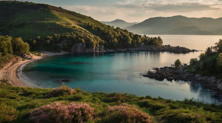 A serene lake surrounded by lush green forests in brilliant 4K.の写真素材