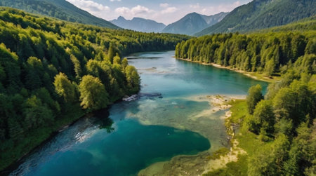 A radiant 4K view of a forest lake shimmering under morning sun, with a tall waterfall cascading gracefully into the basin.の写真素材