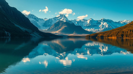 A quiet alpine lake captures the reflection of glowing snow peaks with impressive realism.の写真素材