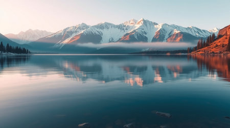 Frosty mountains glow softly under dawn and appear doubled in mirror-still alpine water.の写真素材