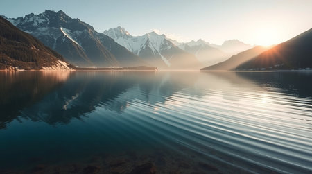 Dawn paints soft warmth on snow-bright ridges mirrored tenderly in unmoving alpine water.の写真素材