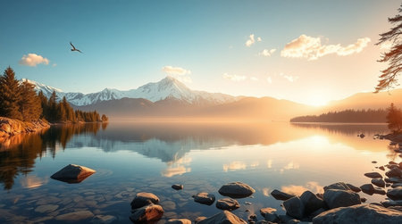 Snowy ridges framed by soft morning luminance reflect clearly in glasslike alpine water.の写真素材