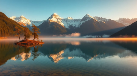 Snow-draped mountains radiate soft golden hues over a tranquil lake that mirrors them faithfully.の写真素材