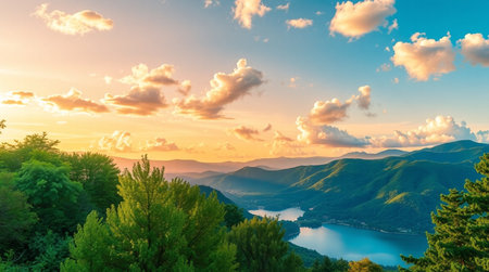 An untouched 4K natural landscape featuring waterfalls, forests, and calm reflective waters.の写真素材