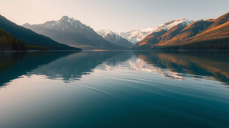 A hyper-real view of dawn-lit snow peaks mirrored smoothly in tranquil mountain water.の写真素材