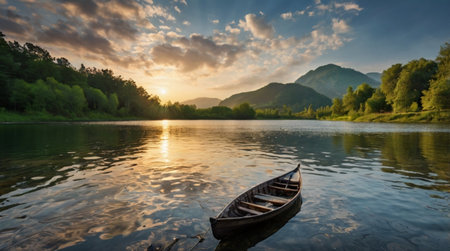 A bright flowing waterfall splits into streams that reach a forest lake in colorful 4K.の写真素材